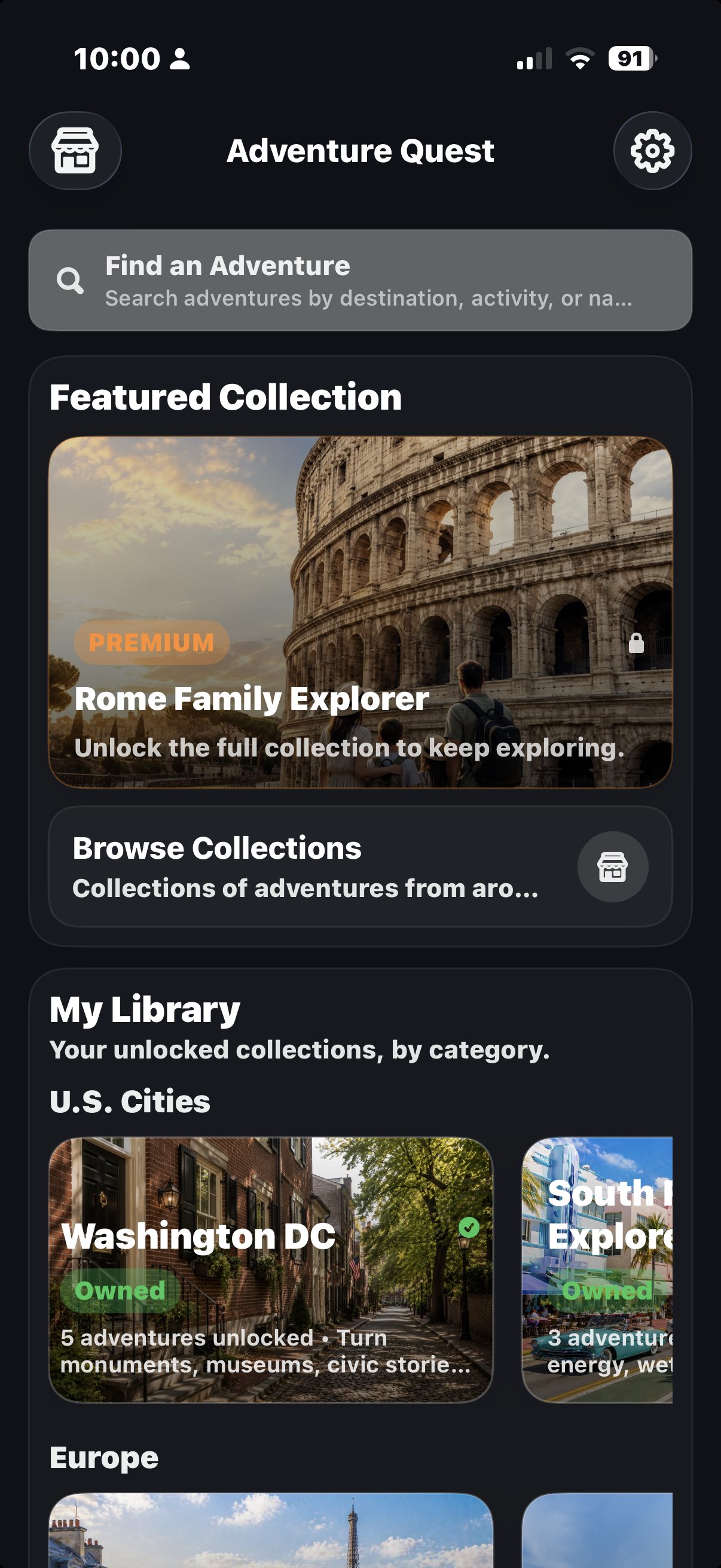 Adventure Quest home screen &mdash; search adventures by destination or activity, a featured collection, and your unlocked collections by category.