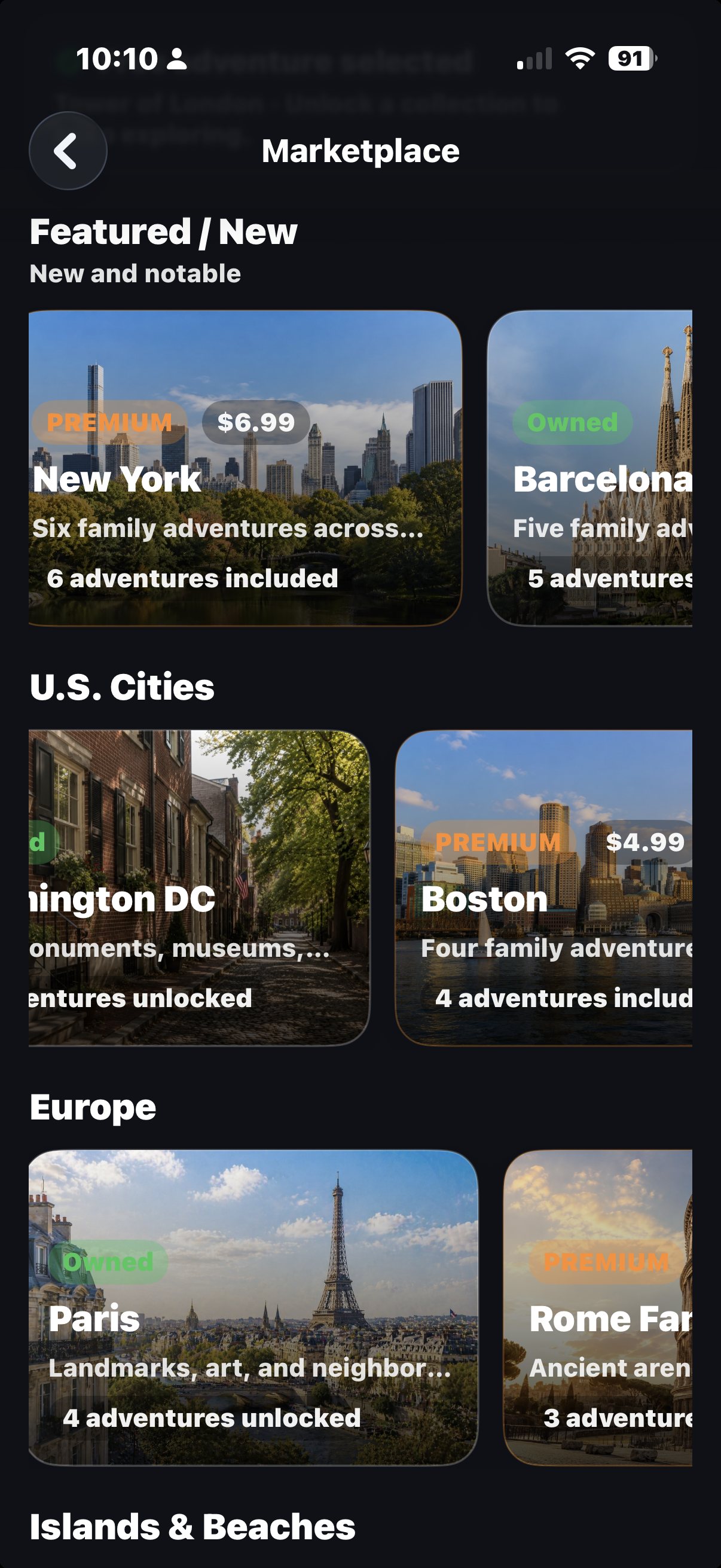 Adventure Quest marketplace — featured and new collections plus family adventures across U.S. cities, Europe, national parks, and cruises