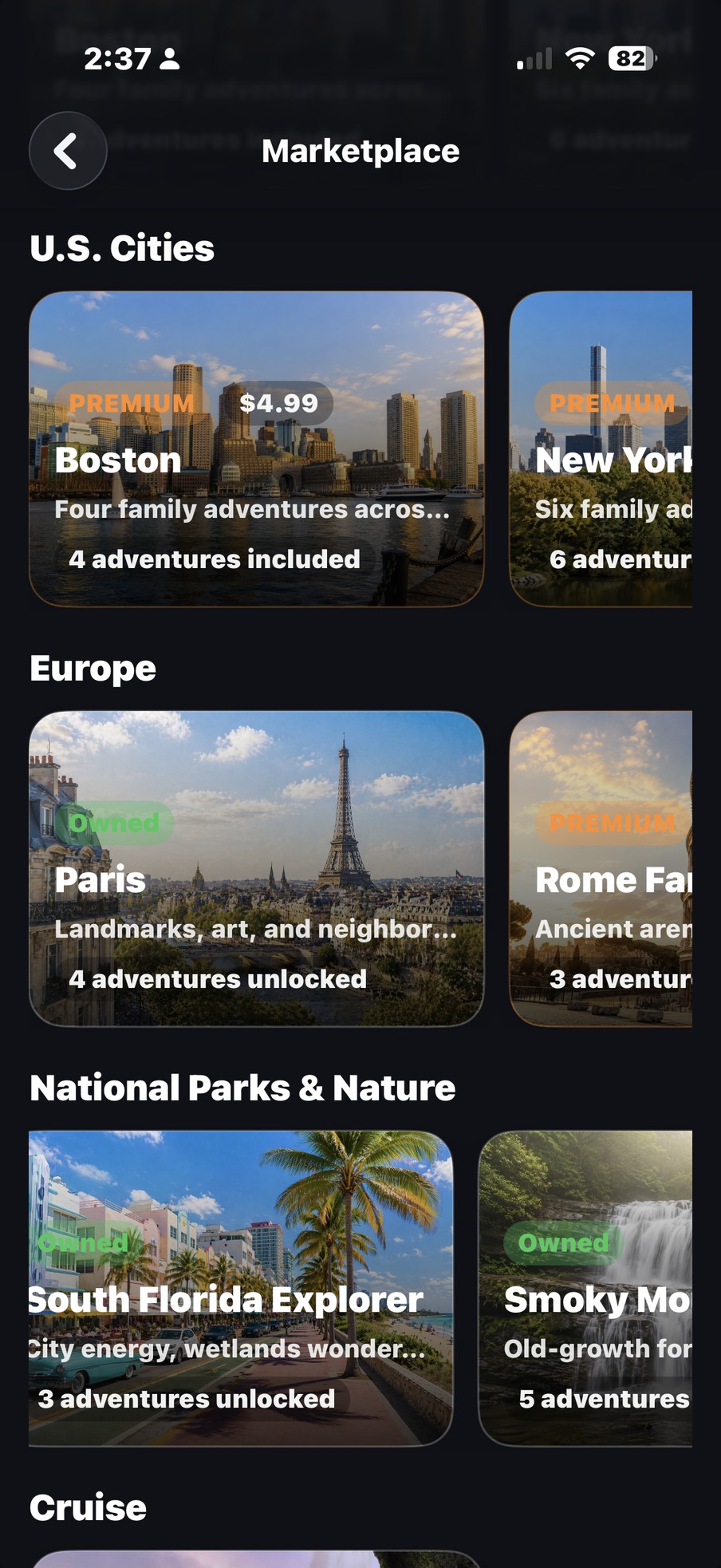 Adventure Quest Marketplace — browse family adventure collections across U.S. Cities, Europe, National Parks, and Cruises