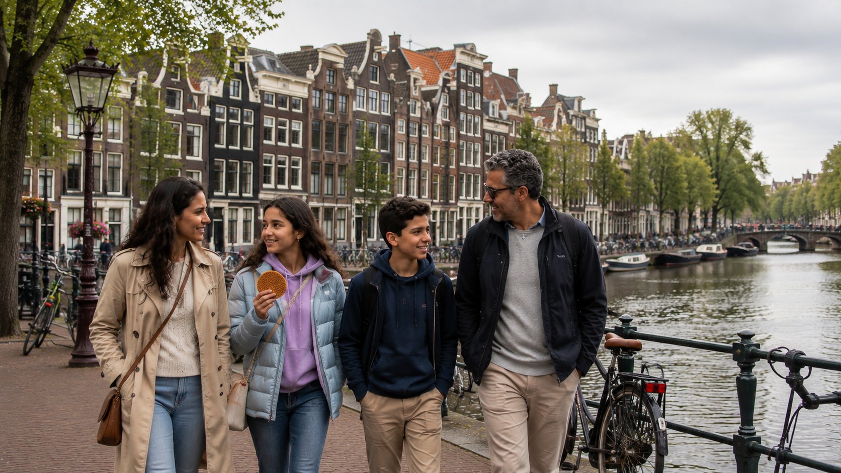 Family with tweens beside an Amsterdam canal