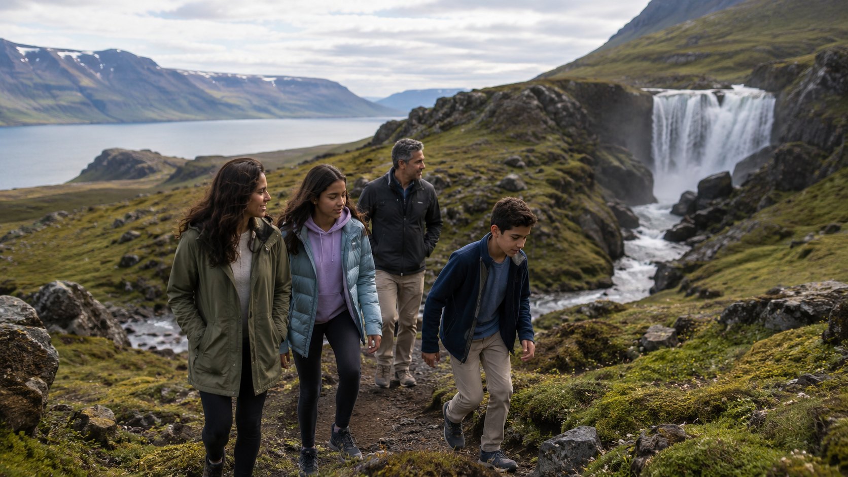 Family hiking toward a waterfall in Iceland
