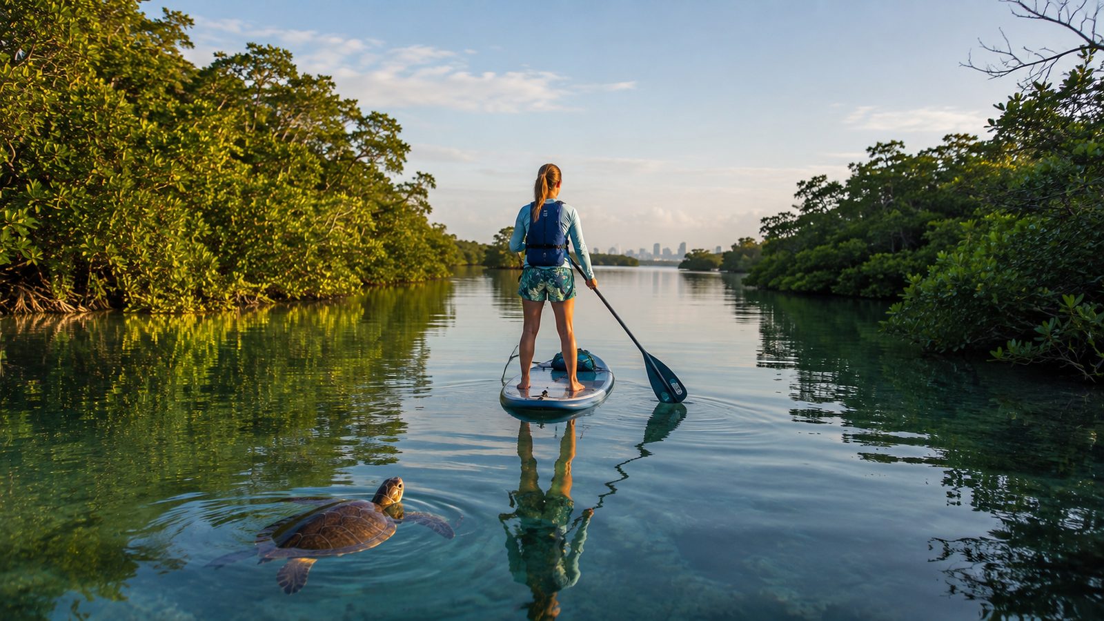 A paddleboarder on calm water near Miami.