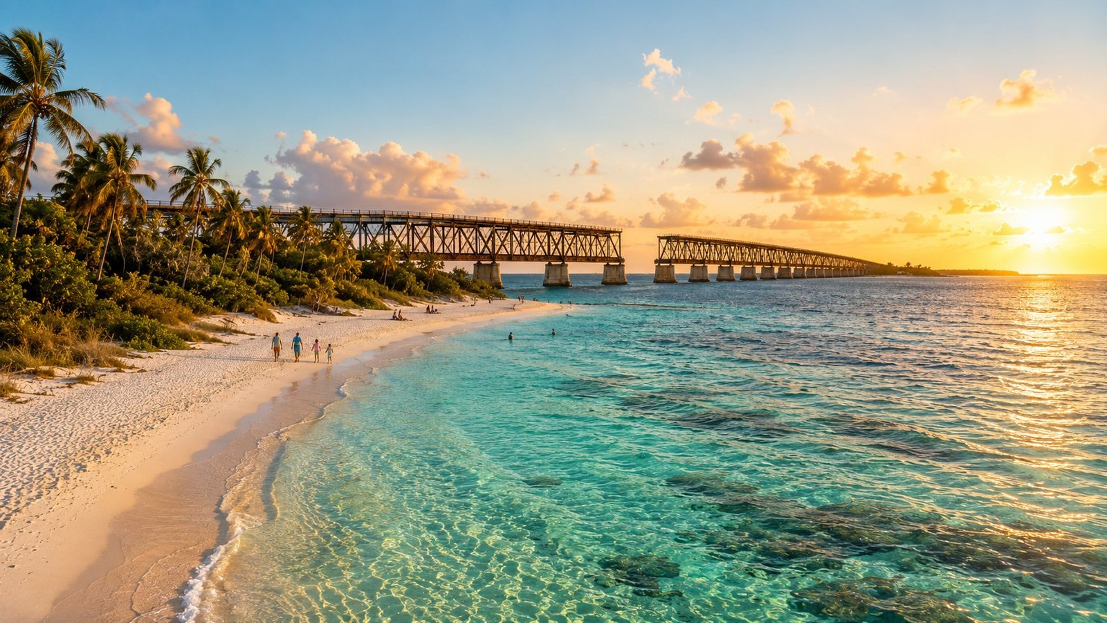 The Bahia Honda rail bridge at sunset in the Florida Keys, with a family walking the beach below it.