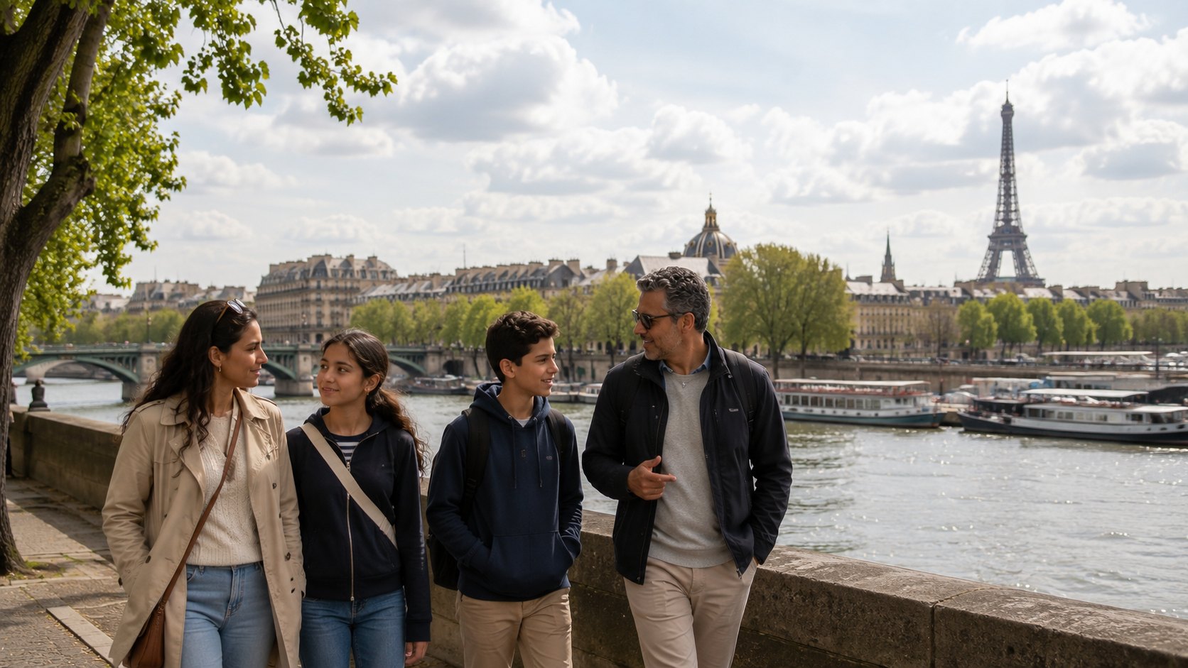 Family with tweens exploring Paris along the Seine