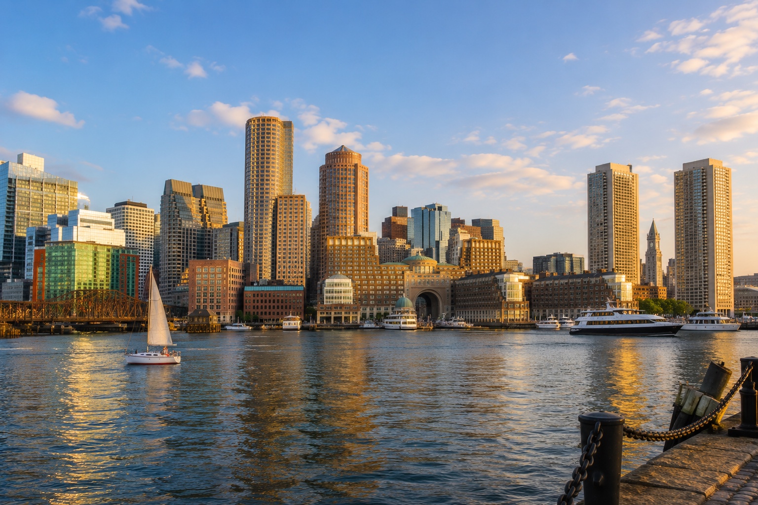 Boston harbor and skyline at golden hour
