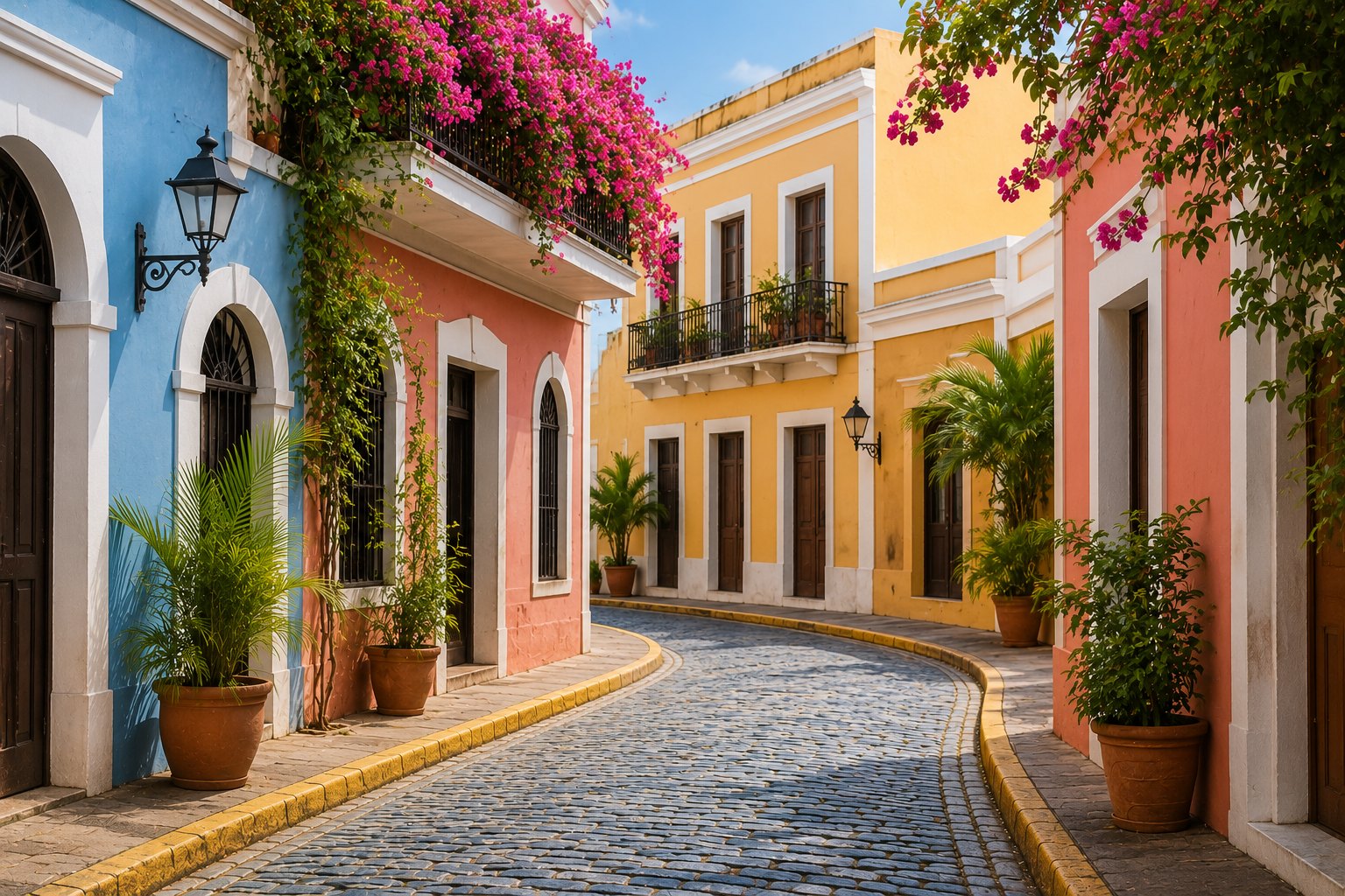 A colorful cobblestone street in Old San Juan, Puerto Rico