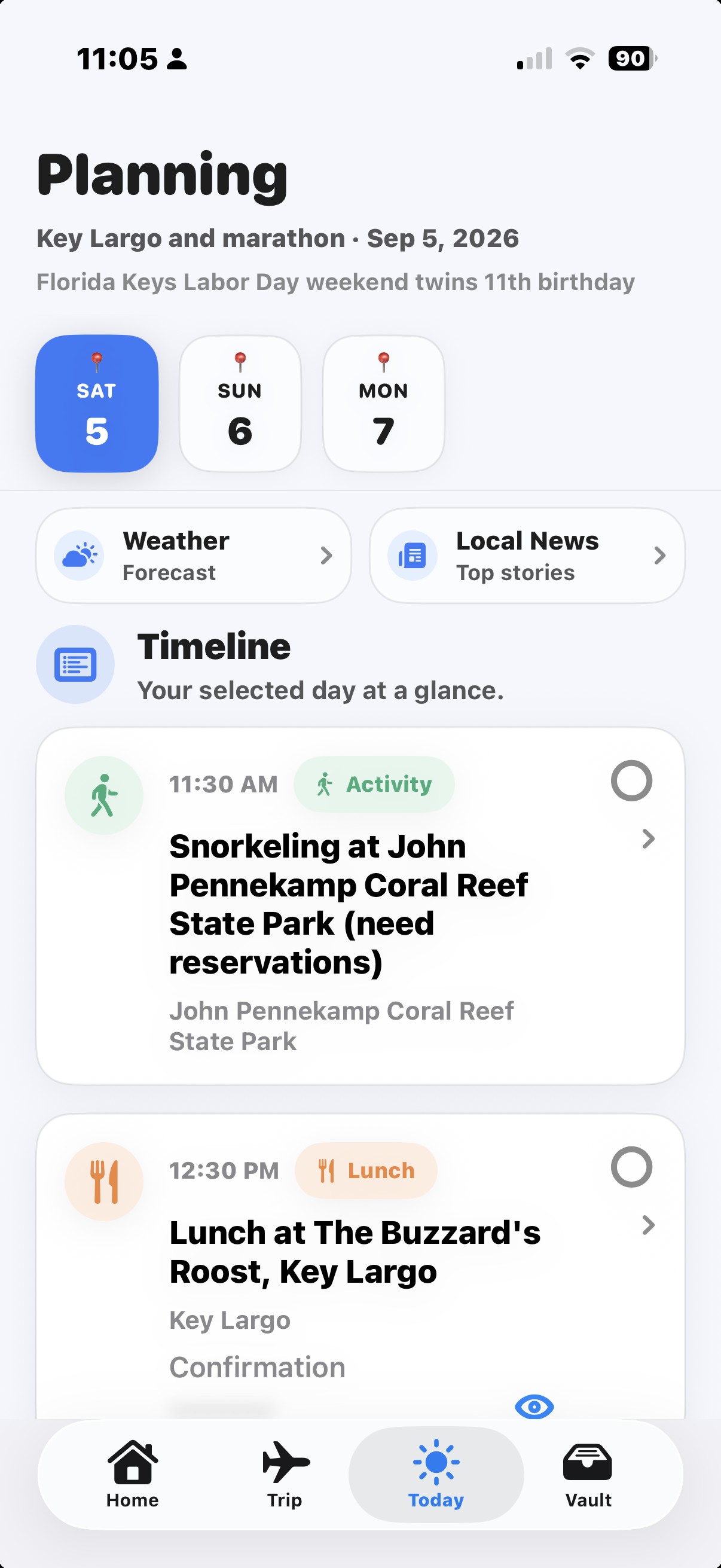 Family Trip OS Planning screen showing the selected day, weather and local news, and a timeline of the day's activities.