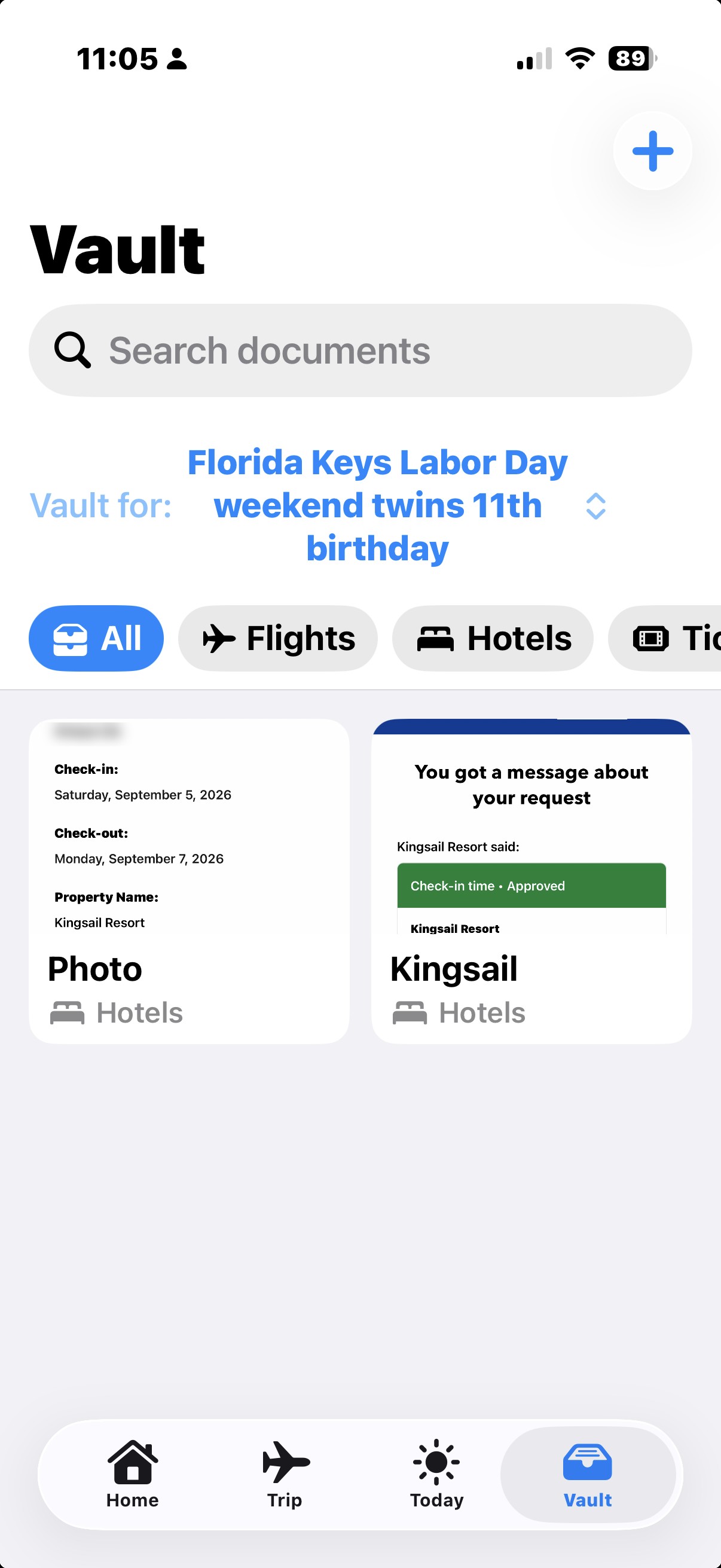 Vault screen showing trip documents filtered by flights, hotels, and tickets, with hotel confirmations for the active trip.