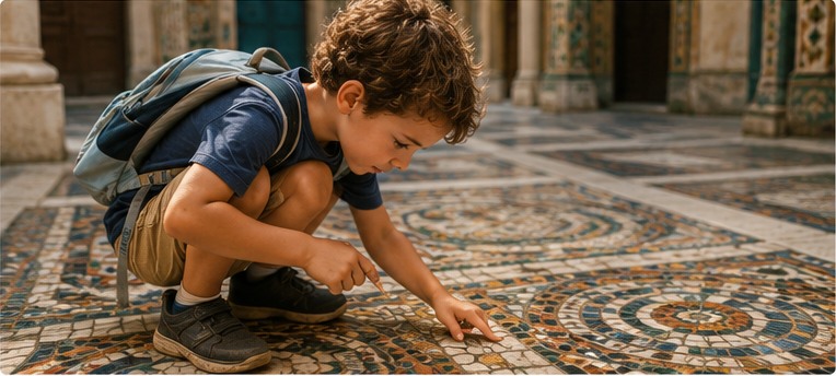 A curious child studying an intricate mosaic while traveling