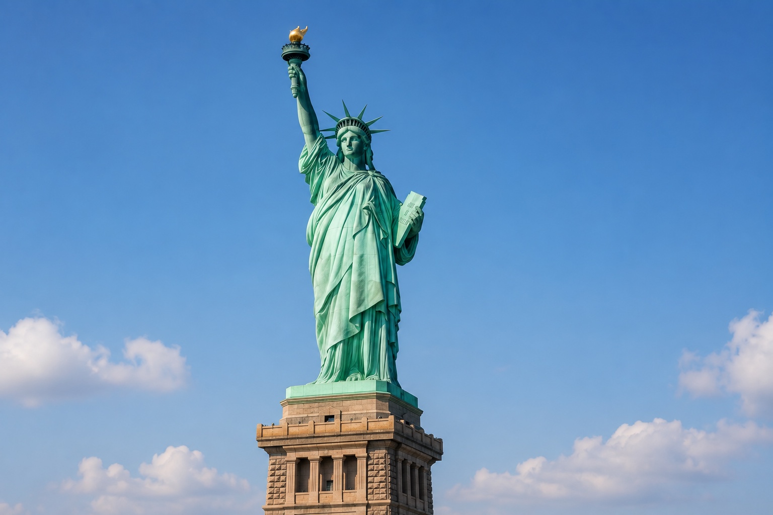 Statue of Liberty against a blue sky