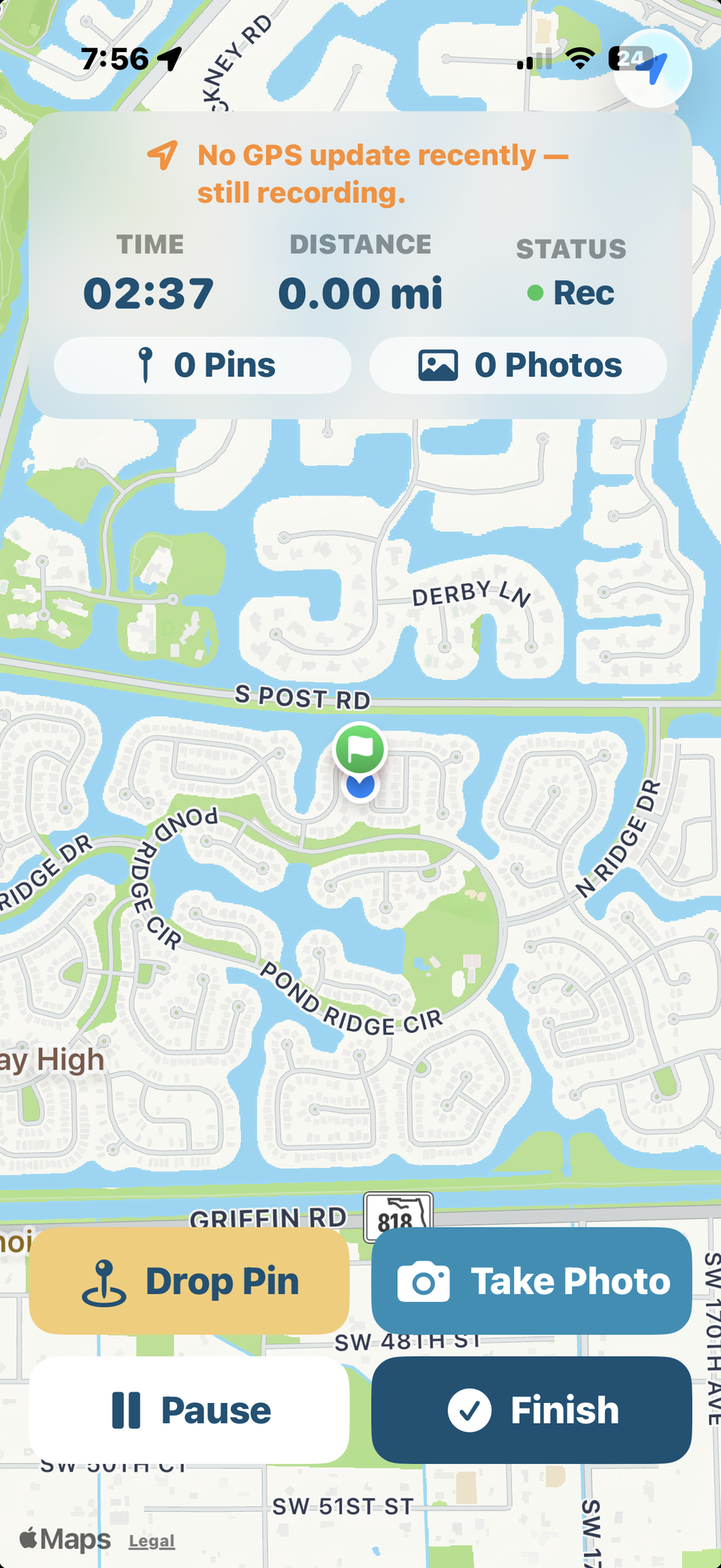 PaddlePin app recording a paddle route with route, pins, and photo controls
