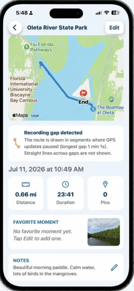 PaddlePin paddle journal for Oleta River State Park with route map, distance, duration, and notes.
