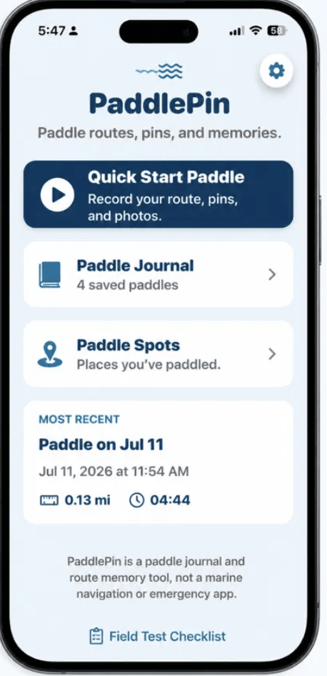 PaddlePin home screen with Quick Start Paddle, Paddle Journal, and Paddle Spots.