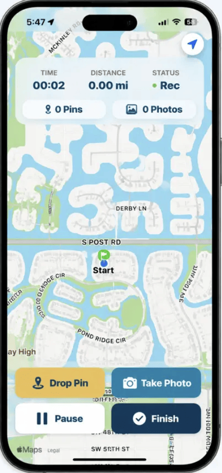 PaddlePin recording a live paddle route with time, distance, pins, and photo controls.