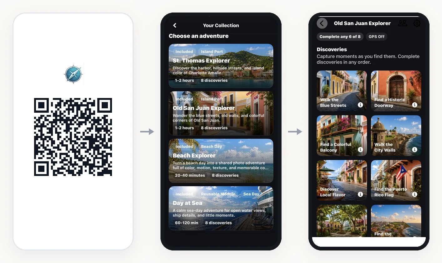 The Adventure Quest visitor flow on real app screens: a QR code, a collection listing four adventures to choose from, and a grid of photo discoveries to complete in any order