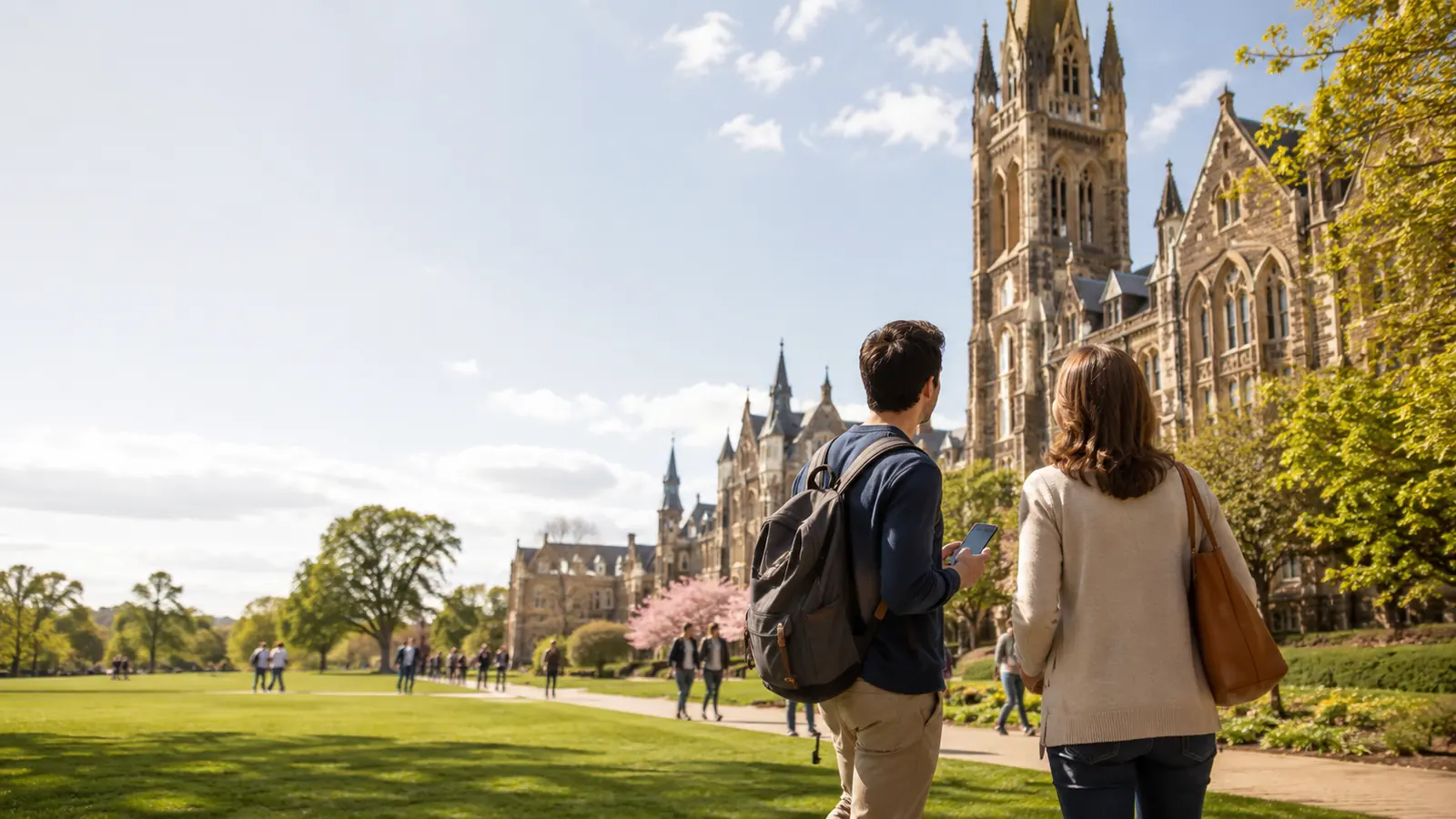 Two visitors walking a university campus path on a bright morning, one checking a phone