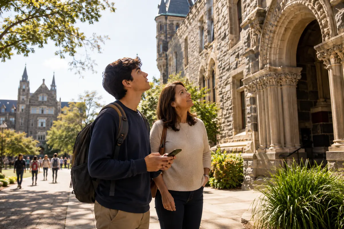 A visitor looking up at the stonework of a campus building while a companion follows a mission on a phone