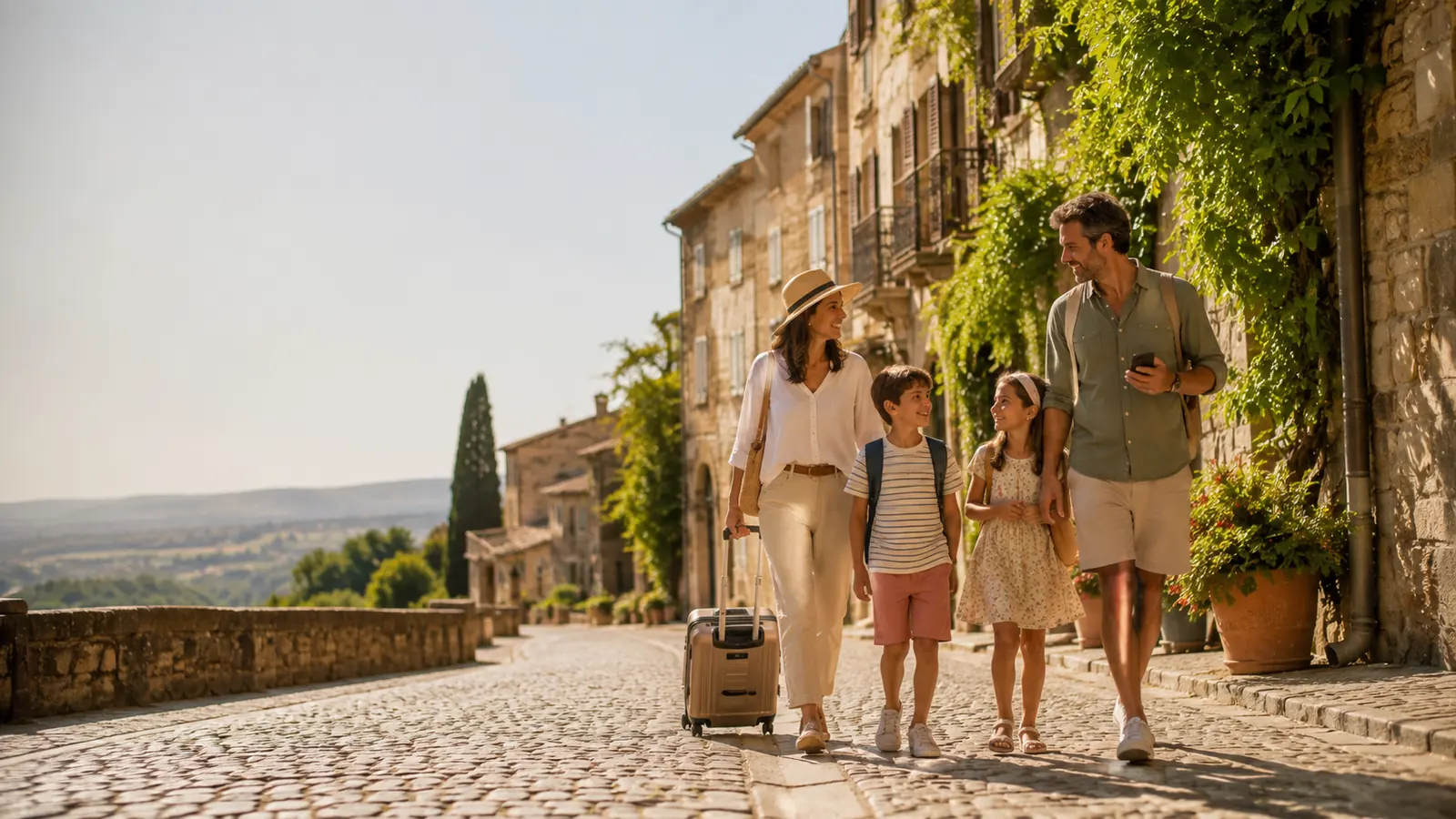 A family walking a cobblestone street with luggage on the first morning of a trip