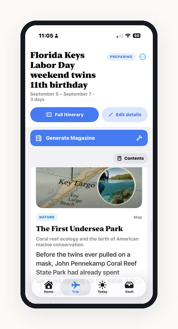 The Family Trip Trip Magazine open to a family's Europe 2026 trip story, with a link through to the full itinerary