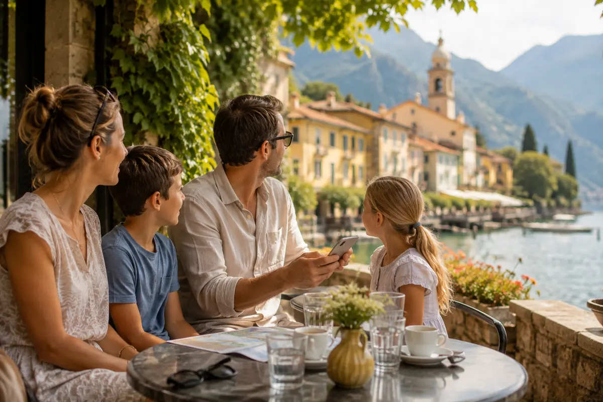 A family at a cafe table looking at something together on a phone while deciding what to do next