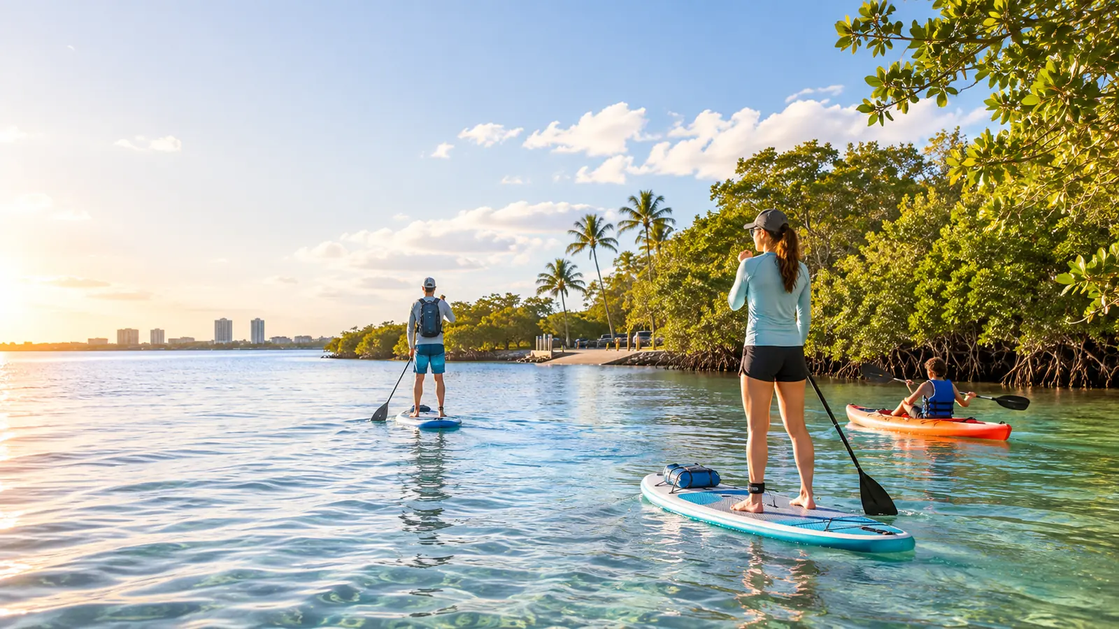 Two paddleboarders on calm water near a mangrove shoreline at first light