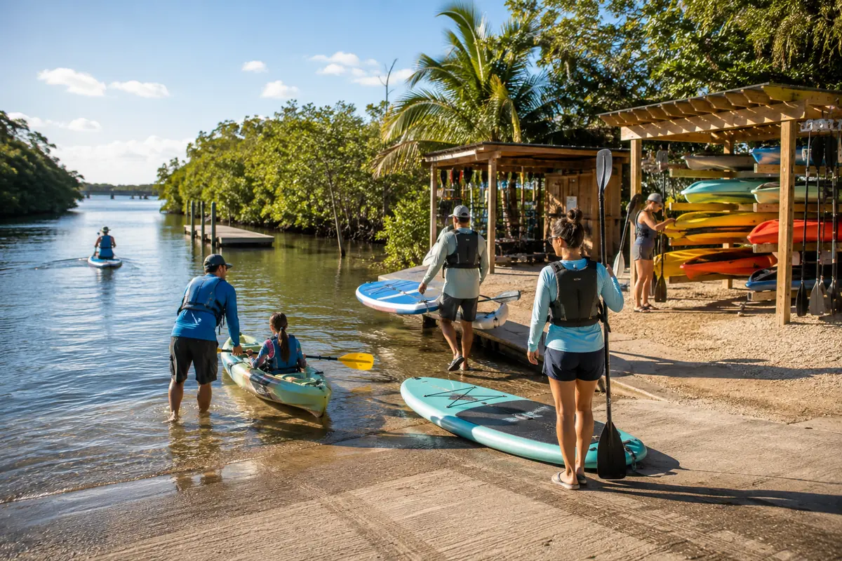 A launch site with boards and kayaks racked beside the water and paddlers heading out