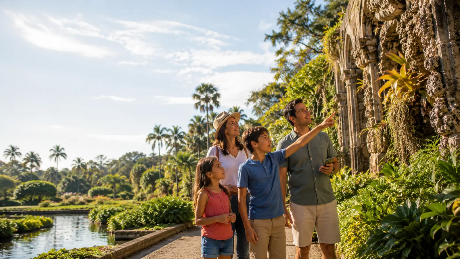 A family pausing on a garden path to look closely at the planting around them