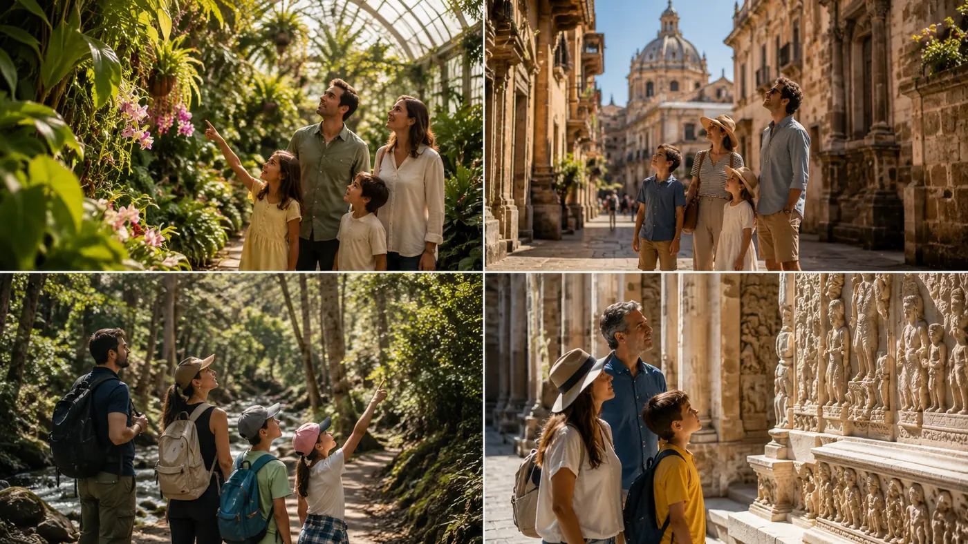 Visitors exploring a conservatory, a wooded trail, and historic architecture
