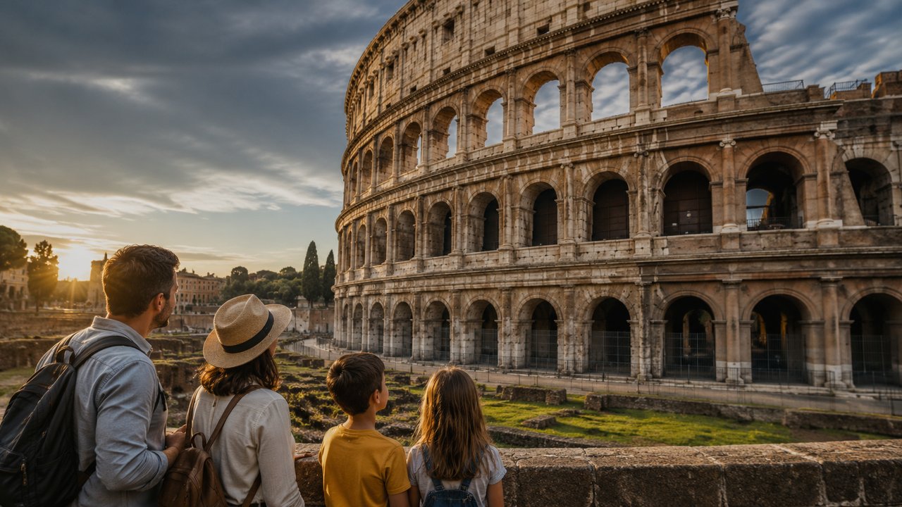 Family looking at the Roman Colosseum at sunset