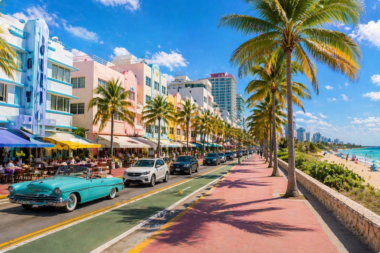 South Florida art deco street and palms
